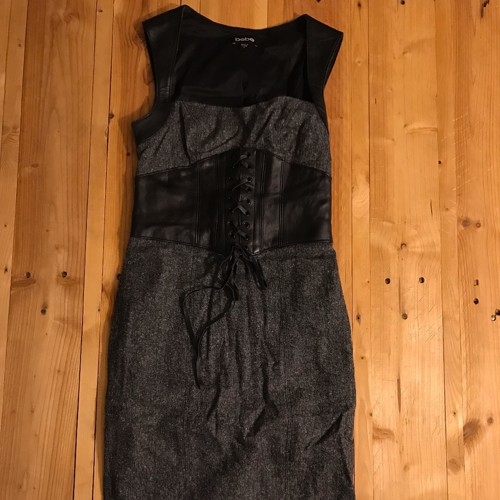 Bebe Wool Leather Trim Dress with Corset Waist 2